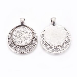 Antique Silver Alloy Pendant Bezel - Circle Shape with Stars 45.5x36.5x2mm Tray: 25mm  4pcs
