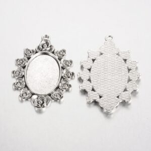 Cadmium Free & Lead Free Antique Silver Alloy Pendant Bezel - Oval Rose Pattern 57x38x2mm Tray: 30x20mm  4pcs