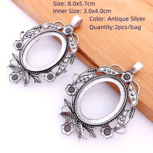Antique Silvery Open Alloy Pendant Bezel Trays - Oval Vintage Flower Frame 1pcs