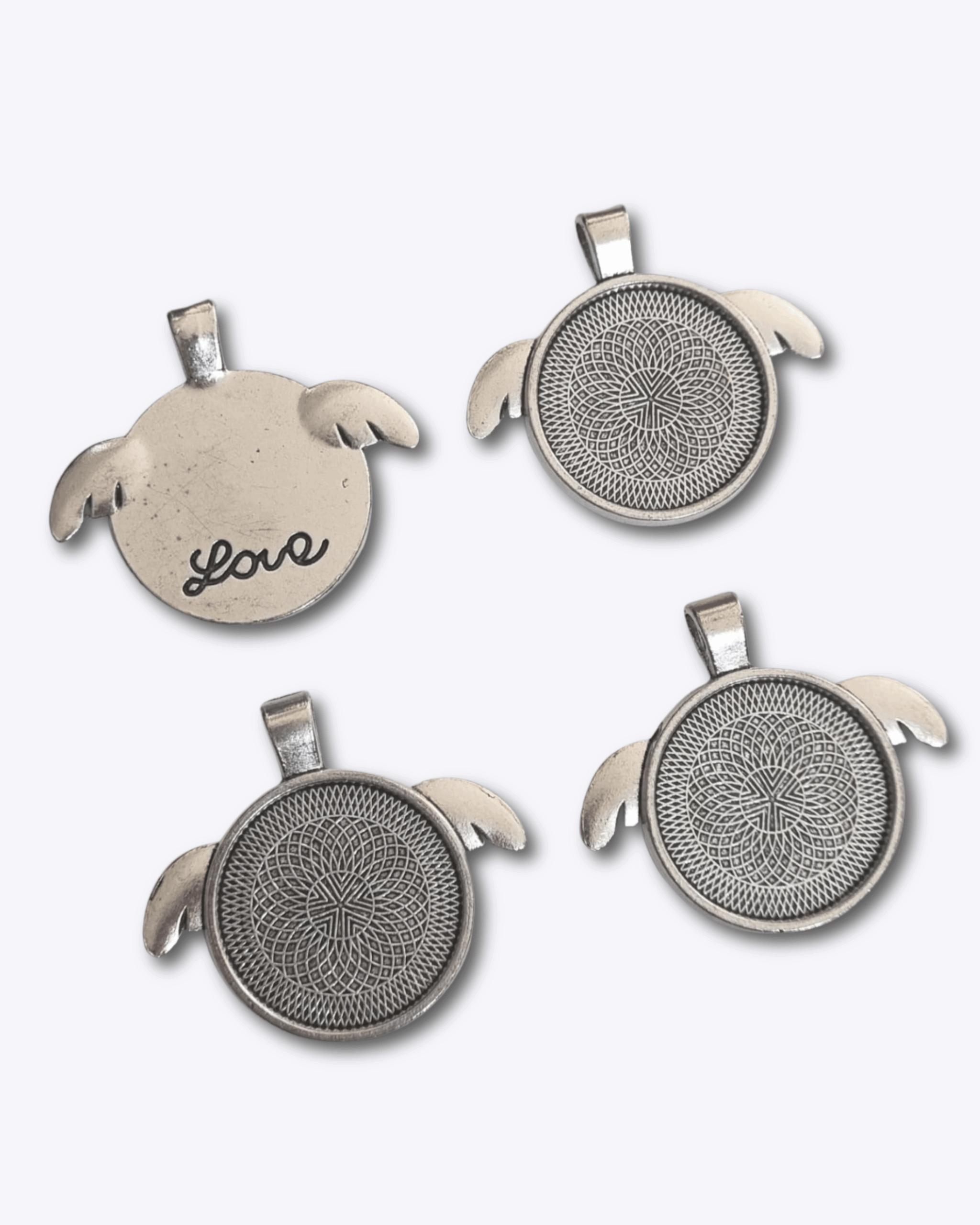 Ant-silver Closed Frame Pendant - Circle Alloy Tray 25mm with Wings 36x41x3mm 4pcs