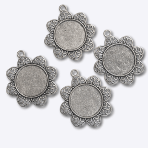Ant-silver Closed Frame Pendant - Circle Vintage Flower Alloy Tray 25mm 49x43x2mm 4pcs