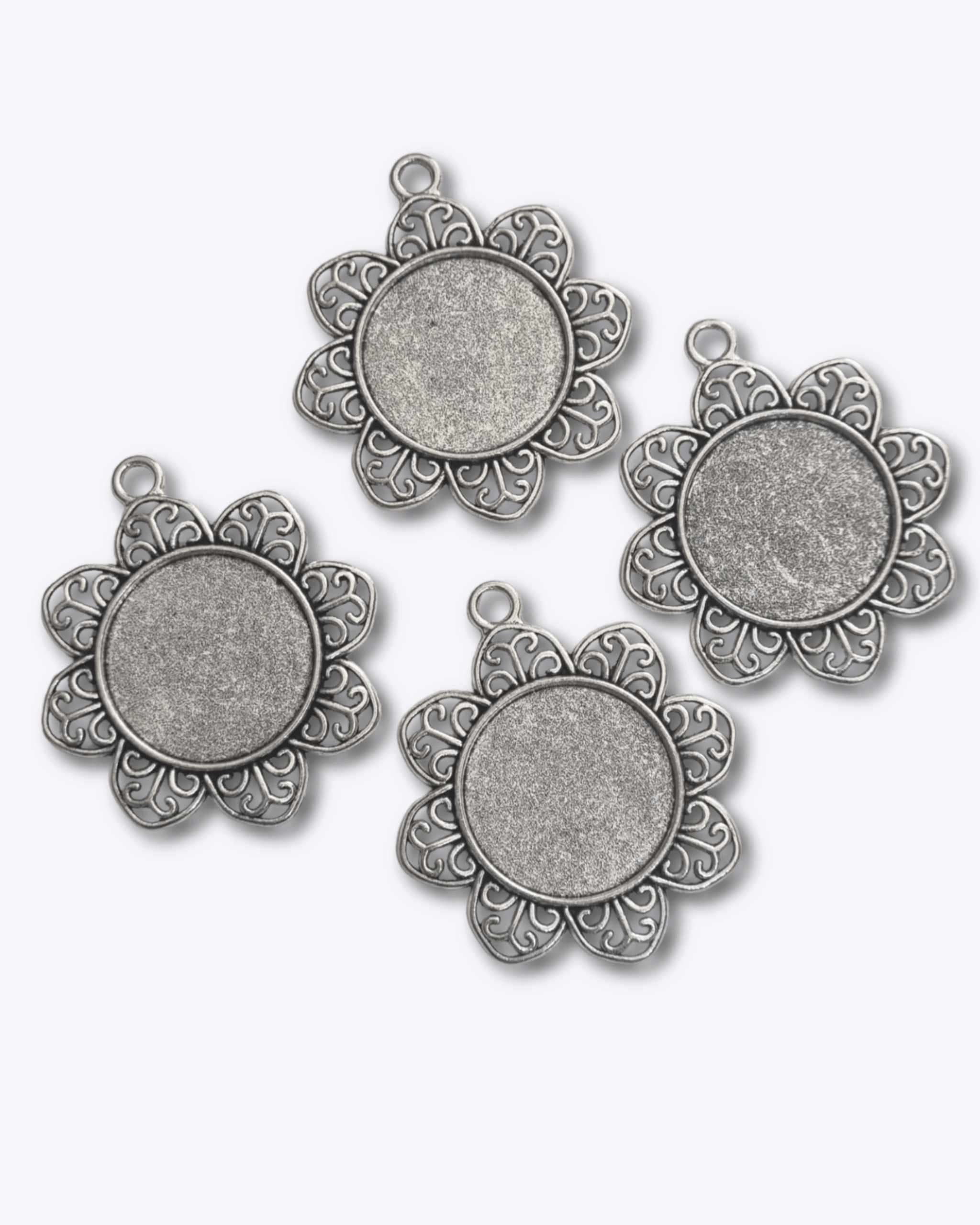 Ant-silver Closed Frame Pendant - Circle Vintage Flower Alloy Tray 25mm 49x43x2mm 4pcs