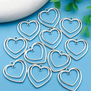 Antique Silver Double Heart Charm 25x25mm - 6pcs