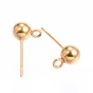 304 Stainless Steel Stud Earring Findings, with Loop, Real 24K Gold Plated, 17x8x5mm, Hole: 2mm